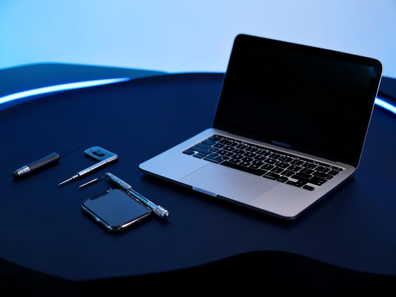 A smartphone and a laptop on a technician's bench with precision repair tools