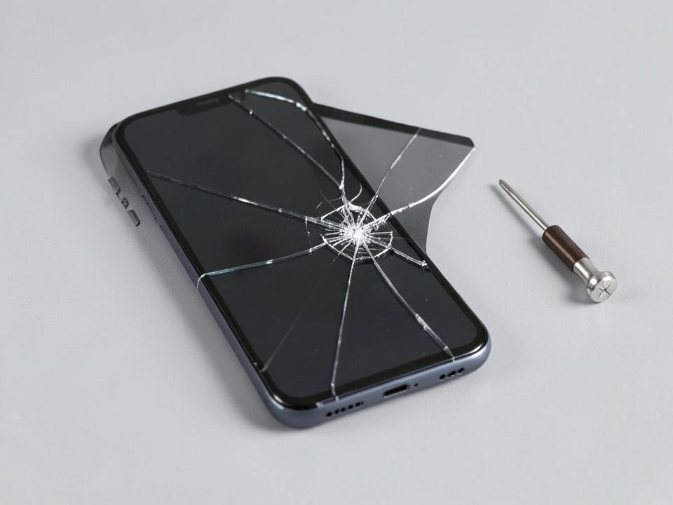 A smartphone with a cracked screen next to a repair screwdriver